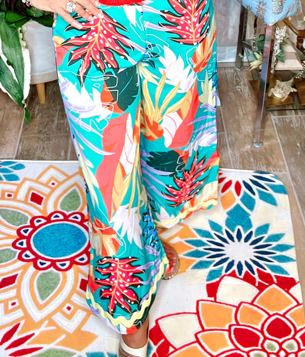 Bright Hot Pink or Green Multicolor Tropical Wide Leg Elastic Waist Pants