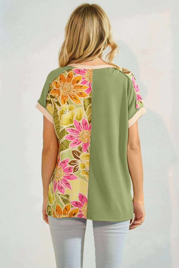 Pink or Green & Floral Color Block Button Neck Short Sleeve Top