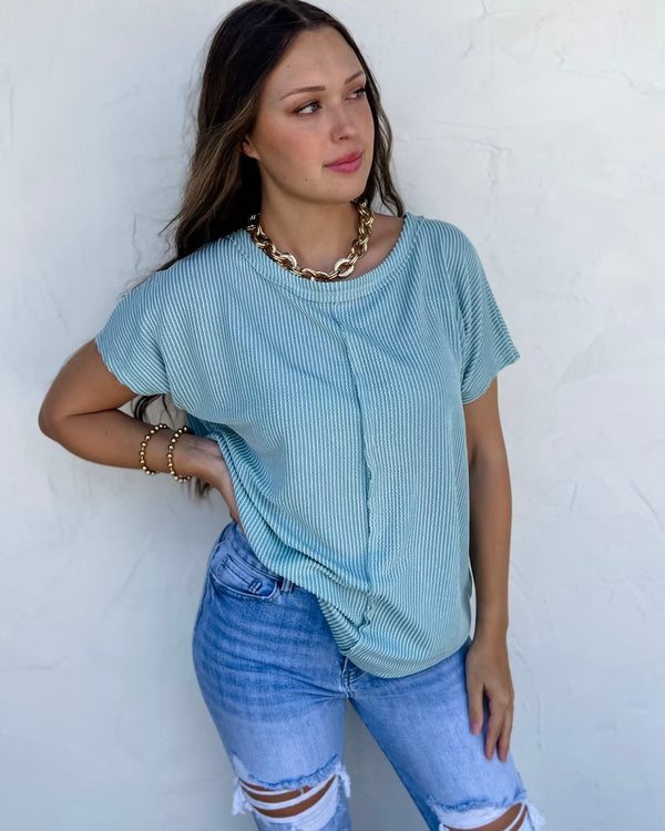 Plus Size Teal Green Round Neck Ribbed Lightweight Knit Top