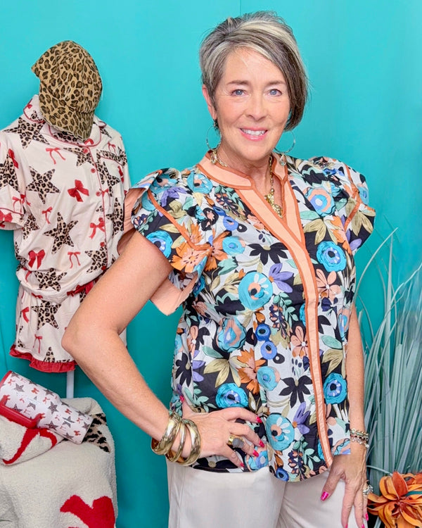 Cinnamon Rust & Blue Floral Print Flutter Ruffle Sleeve VNeck Band Top
