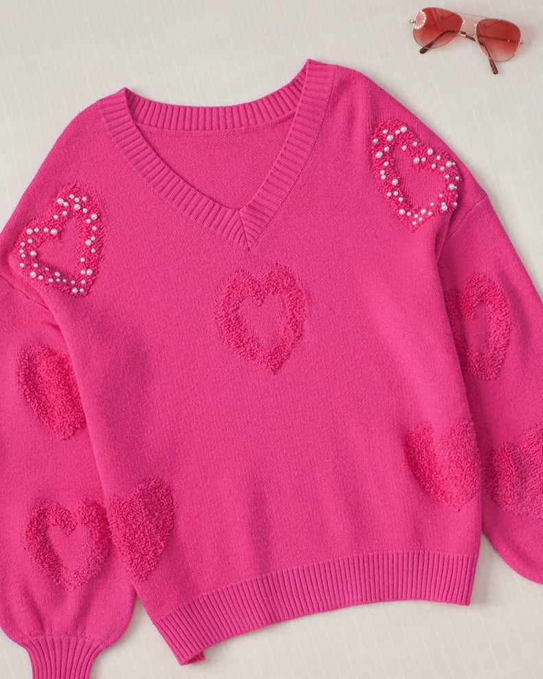 Pink Sweater with Raised Hearts Embellished with Pearls Long Sleeves