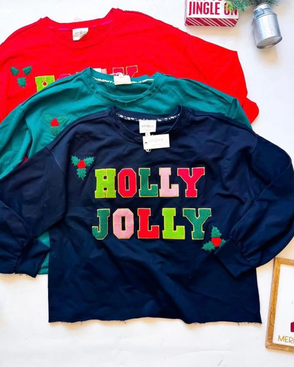 Cmas Green, Red, Black or Cream “Holly Jolly” Chenille Sequin Patch Whimsical Holiday Christmas Sweatshirt Top