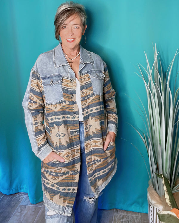 Aztec & Denim Mix Button Down Long Sleeve Long Jacket Shirt