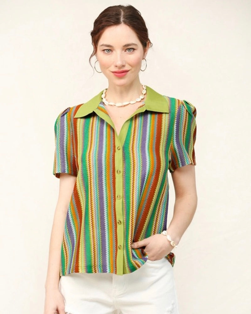 Green Collared Multicolor Striped Puff Short Sleeve Button Down Top