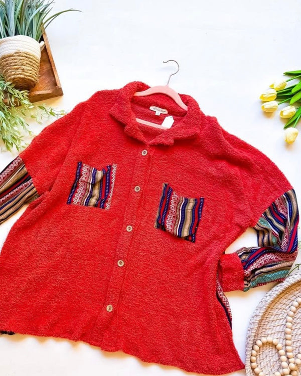 Solid Red Multi Stripe Long Sleeve Sherpa Button Down Shacket