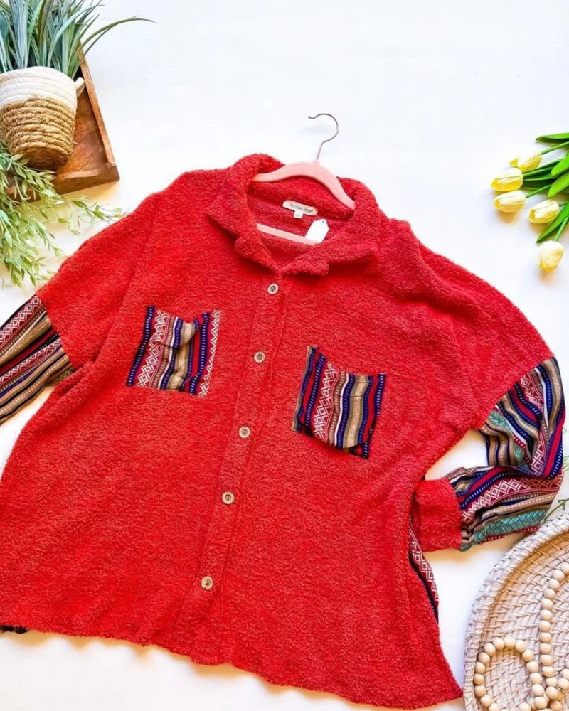 Solid Red Multi Stripe Long Sleeve Sherpa Button Down Shacket