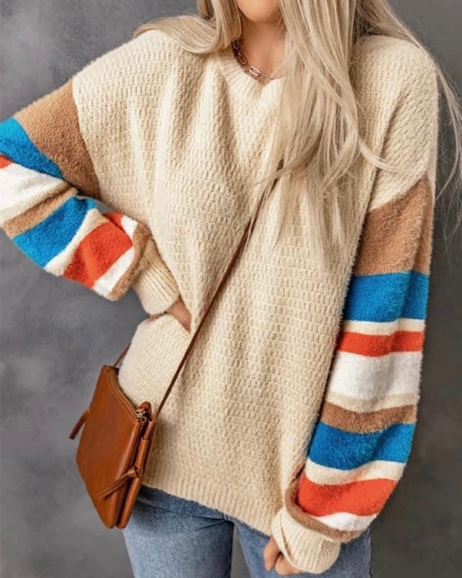 Cream Neutral Knit Sweater with Striped Multicolor Puff Long Sleeves