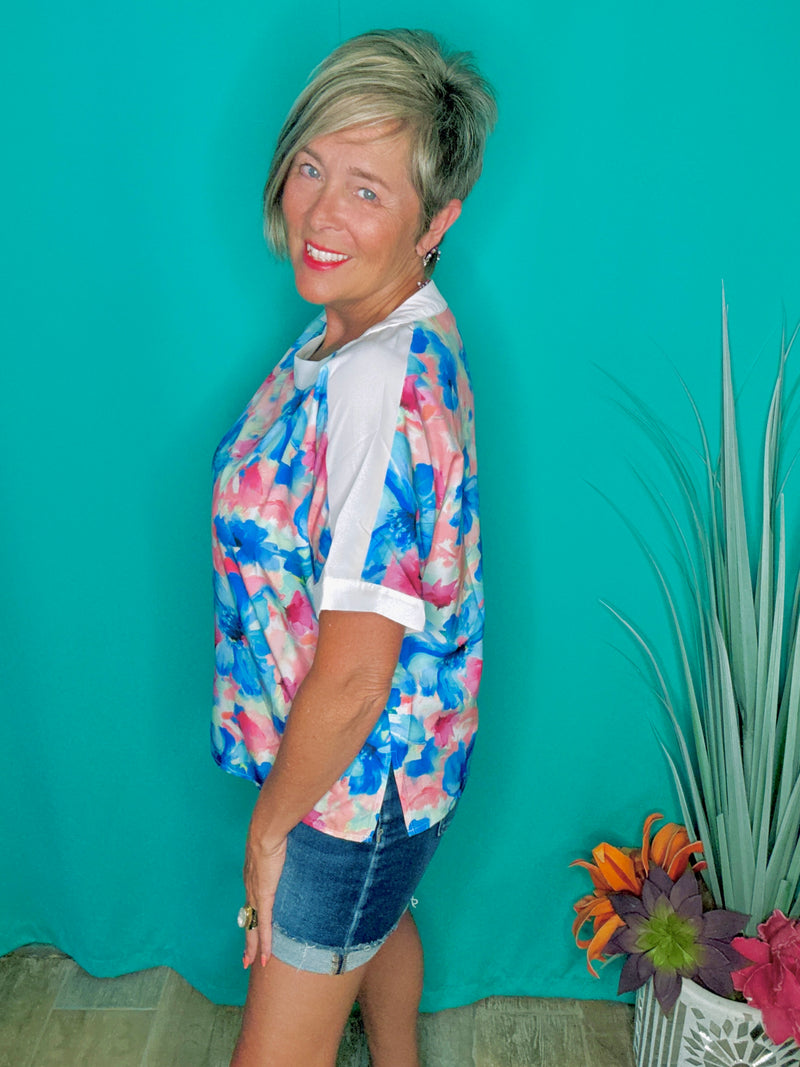 Blue & Pink w/White Trim Brushstroke Bloom Floral Short Sleeve Top