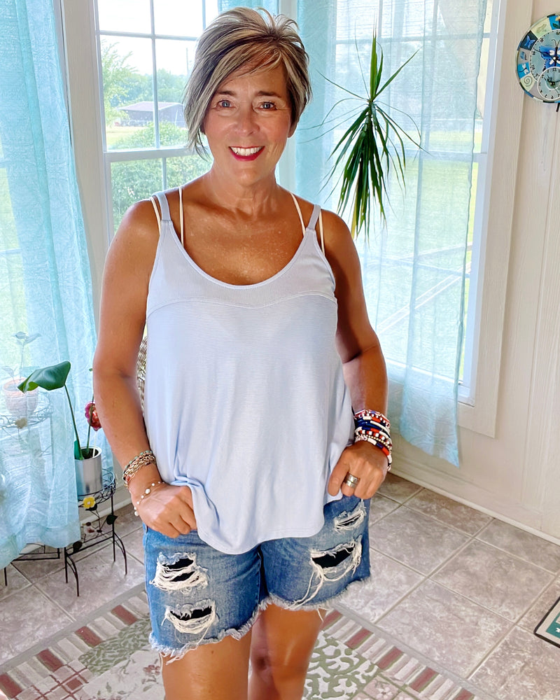 Blue Spaghetti Strap Ribbed Tank Top
