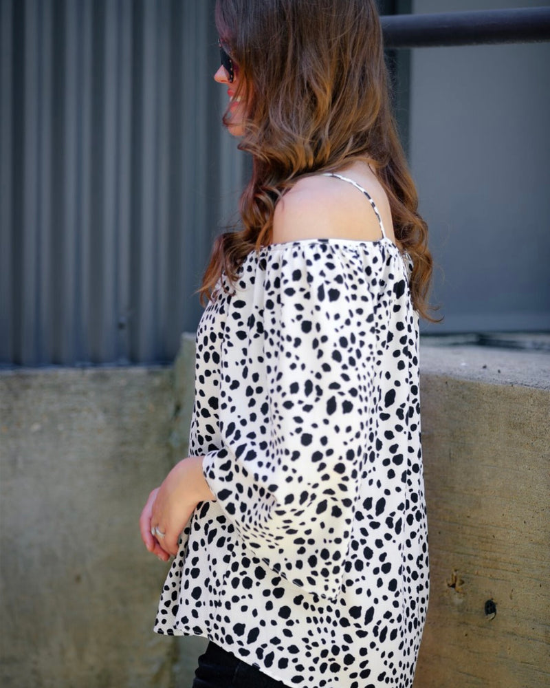 White with Black Polka Dot Cheetah Print Off Shoulder Top