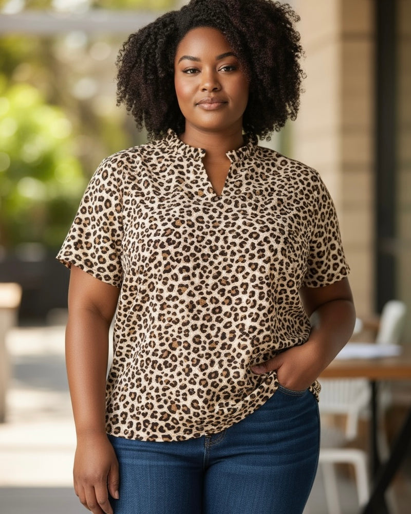 Plus Size Leopard Short Sleeve Open Neck Top