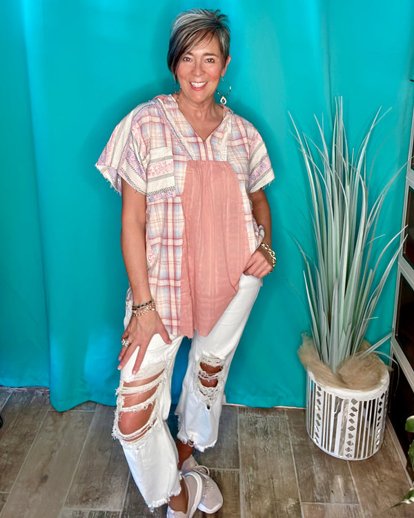 Boho Sage Green & Khaki or Peach Pink Plaid Mix Short Sleeve VNeck Top