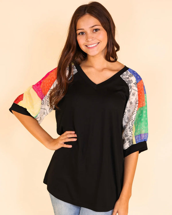 Black Slice & Dice Patch Mix Media 3/4 Sleeve Top