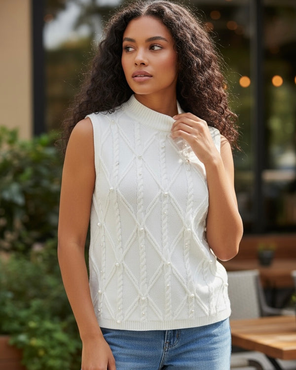 White Cable Knit Pearl Embellished Sleeveless Sweater Top