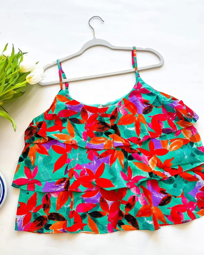 Plus Size Green Multicolor Tiered Spaghetti Strap Tank Top