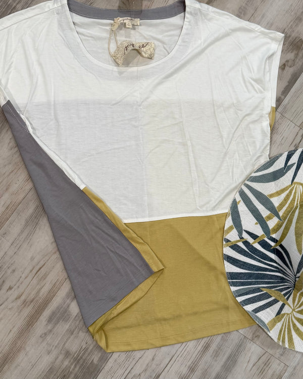 White, Yellow & Gray Color Block Short Cap Sleeve T-Shirt Boxy Top