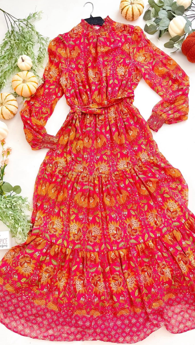 Magenta Orange Mix Floral Print Long Sleeve Maxi Dress