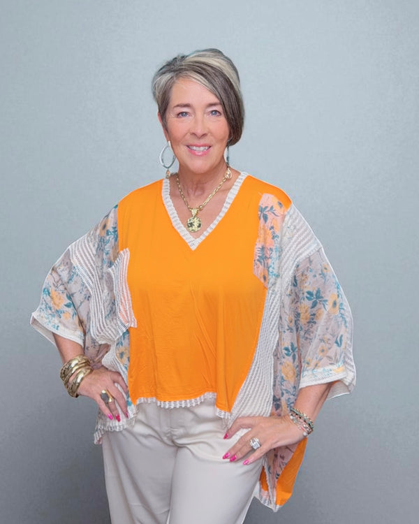 Orange and White Lace Inset Floral Block Kimono Style Top