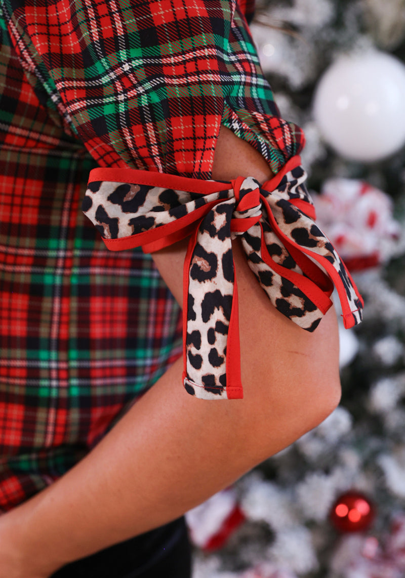 Red & Green Plaid Leopard Bow Accent Short Sleeve