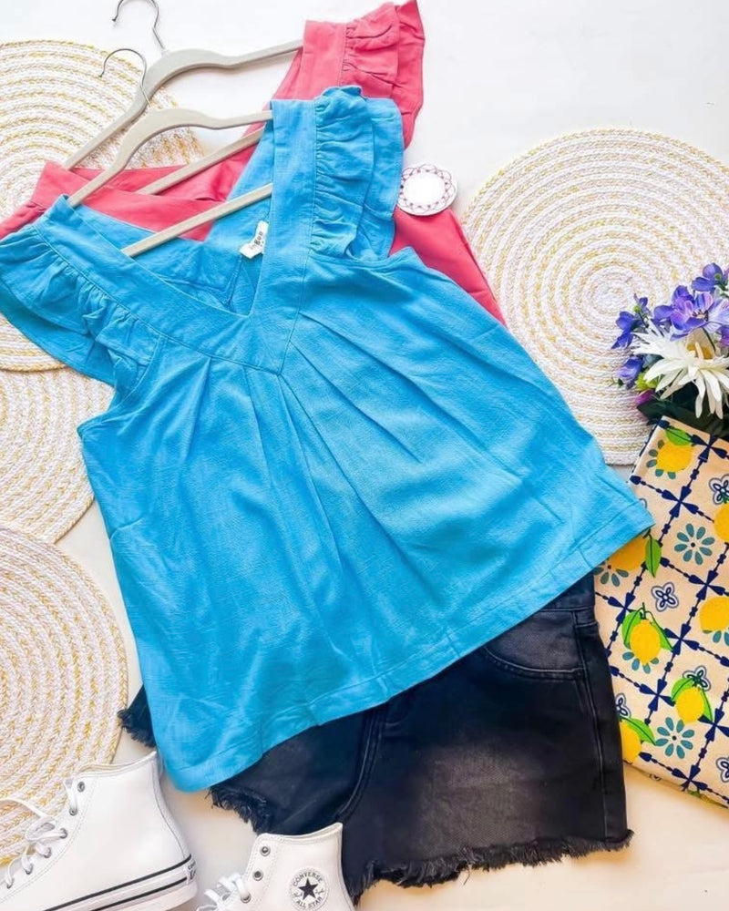 Blue or Coral Sleeveless Ruffle VNeck Pleated Top