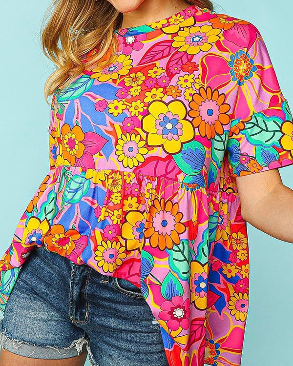 Plus Size Bright Pink & Yellow Floral Babydoll T-Shirt Short Sleeve Top