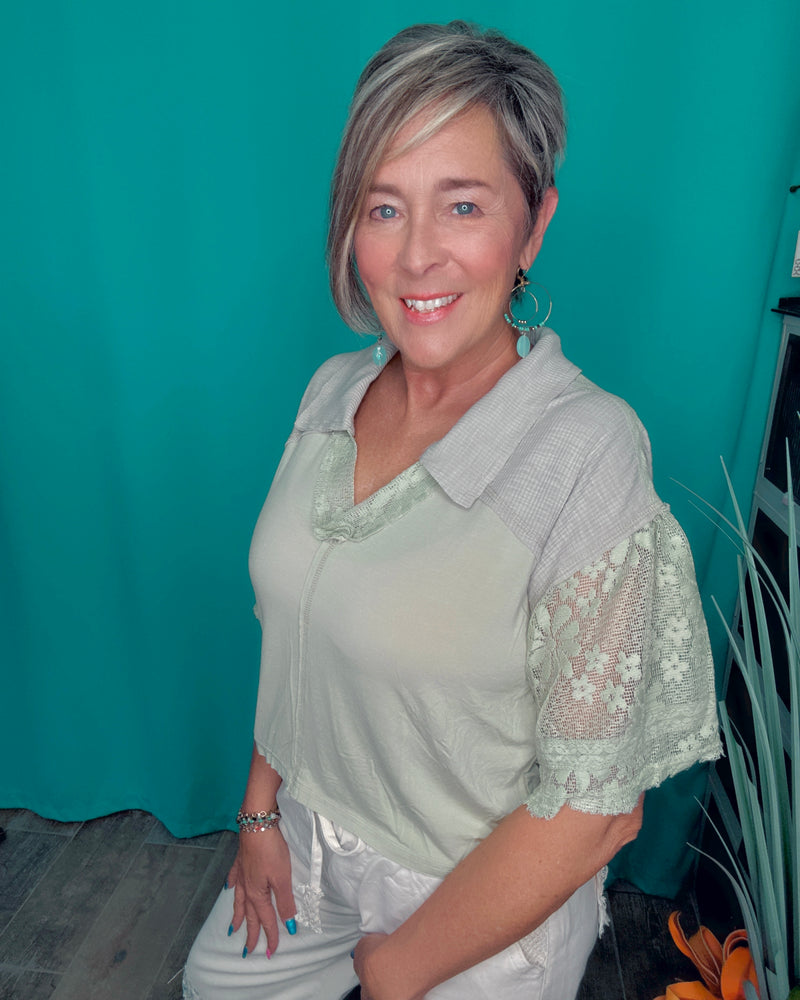 Pistachio Sage Green Ruffle Half Sleeve VNeck Collar Lace Crochet Mix Top