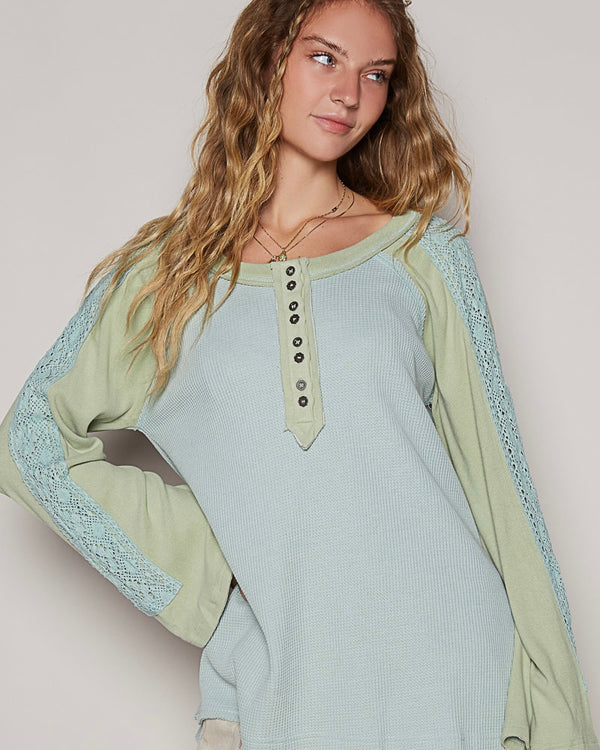 Seafoam Blue & Sage Green Scoop Neck Long Sleeve Raglan Thermal Texture Top