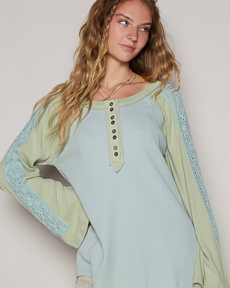Seafoam Blue & Sage Green Scoop Neck Long Sleeve Raglan Thermal Texture Top