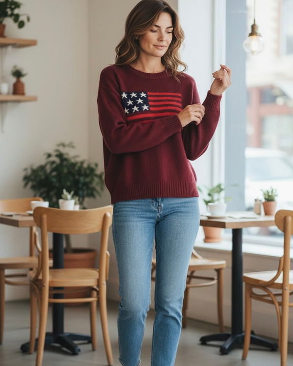 Burgandy Wine USA American Flag Knit Long Sleeve Sweater
