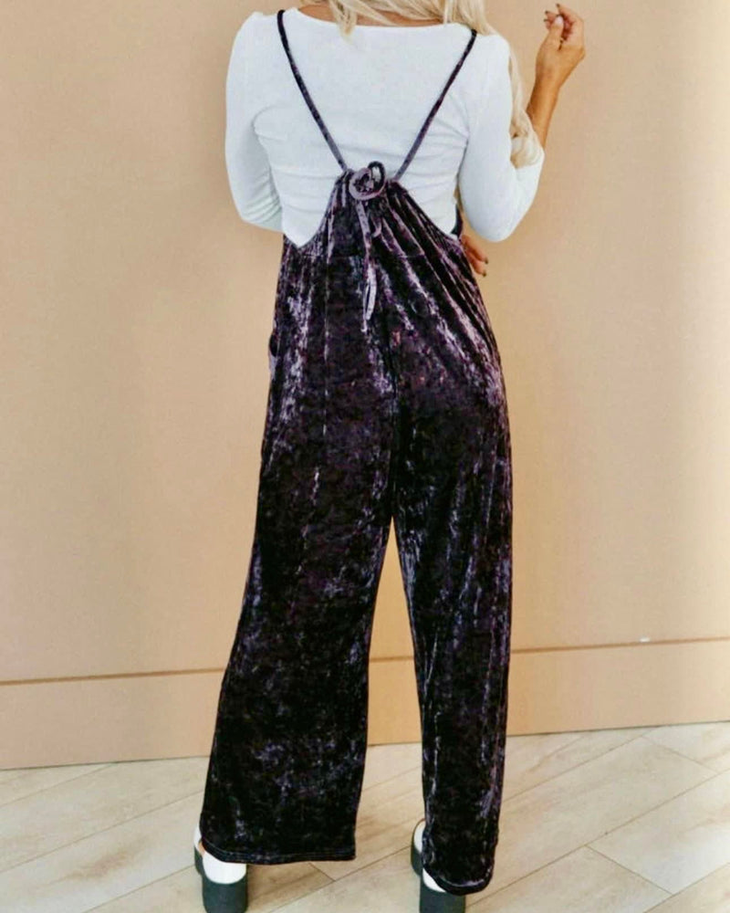 Deep Purple Velvet Pant Jumpsuit with Adjustable Tie Straps & Pockets