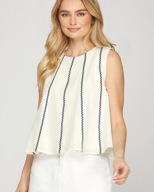 White Blue Ric Rac Stripe A-Line Sleeveless Top