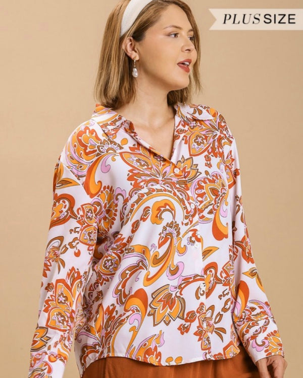Plus Size Retro Rust Orange & Cream Swirl Long Sleeve Button Down Top