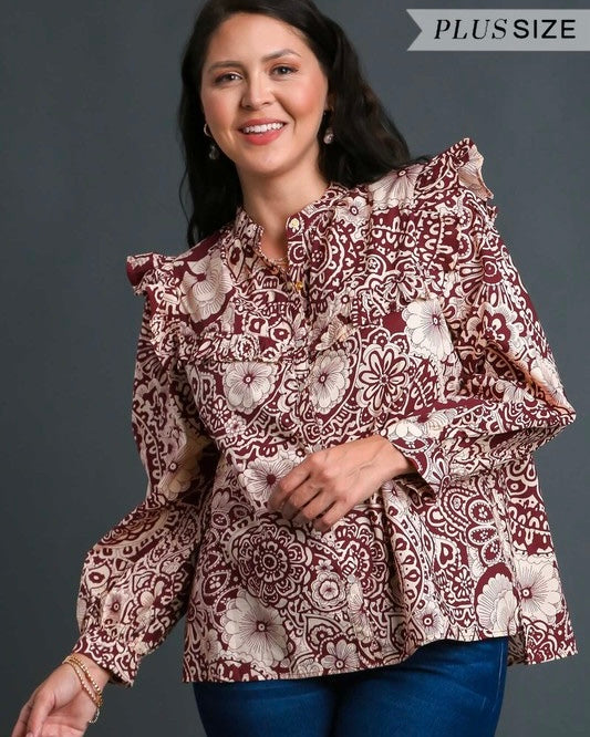 Cotton Burgundy  & Cream Short Puff Sleeve Scalloped High Neck Top