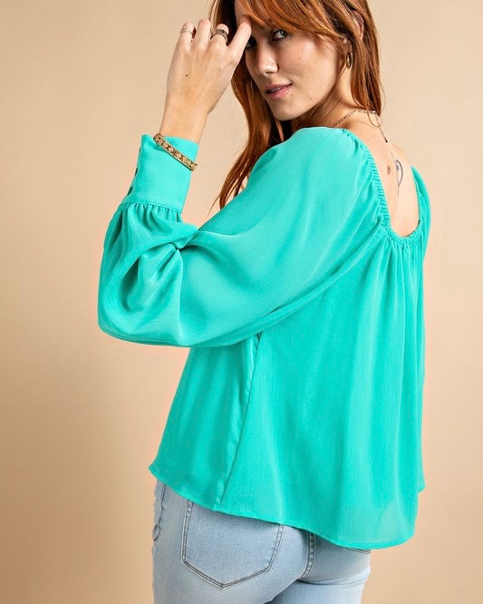 White or Pink Relaxed Fit Long Button Cuff Sleeve Elastic Neck Chiffon Blouse