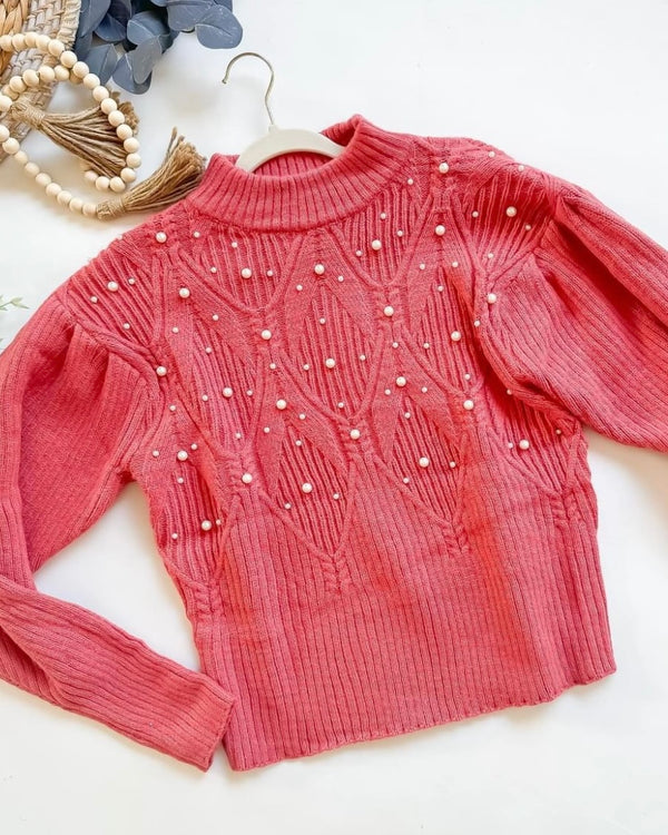 Salmon Pink Rust High Roll Neck Cable Knit Long Sleeve Pearl Embellished Sweater