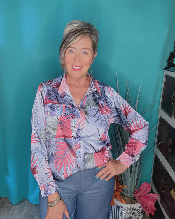 Blue, Lilac Purple & Pink Satin Long Sleeve Button Down Collared Blouse