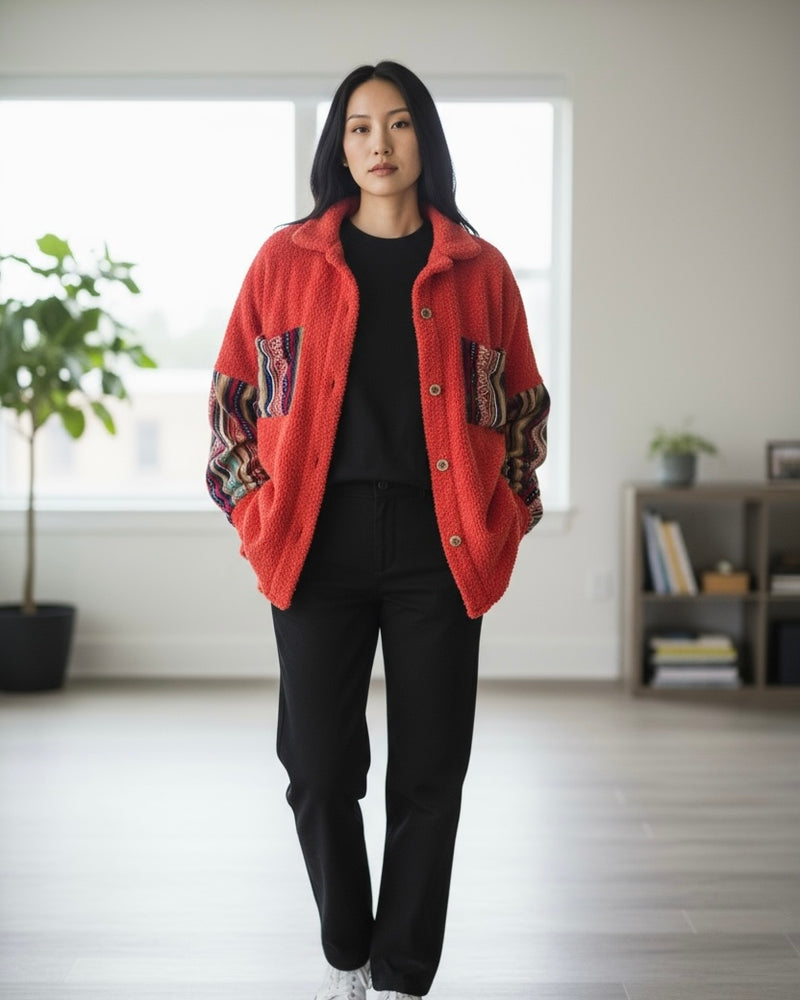 Solid Red Multi Stripe Long Sleeve Sherpa Button Down Shacket