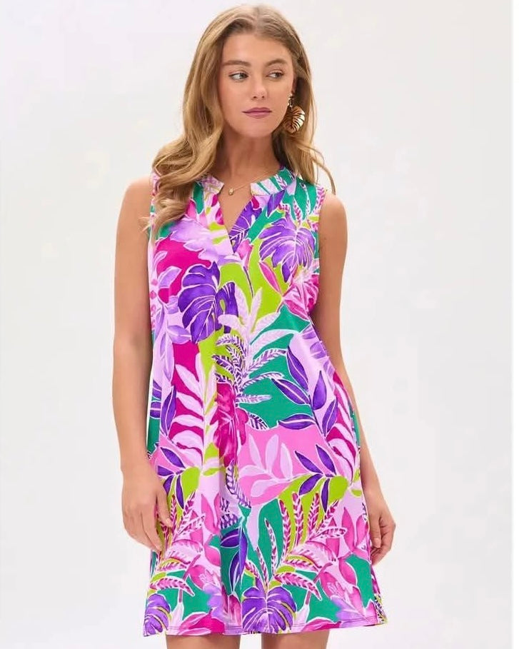 Purple, Green & Pink Multicolor Tropical Leaf Print Sleeveless Open Neck Dress