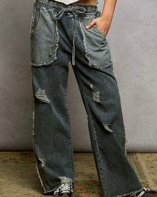 POL Boho Patch Distressed Wide Leg Elastic Waist Denim Jean Pant