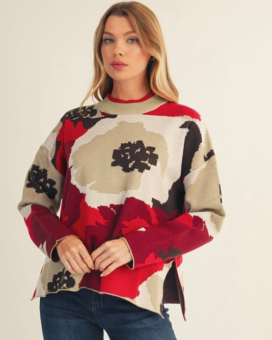 Burgandy & Tan Flower Print Long Sleeve Sweater Top