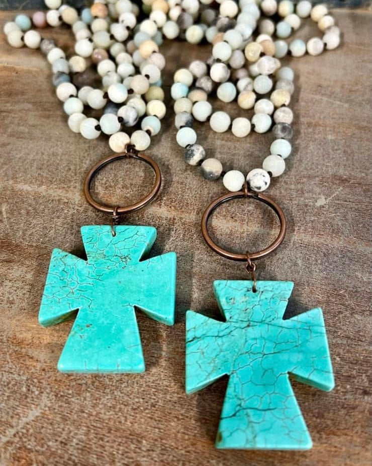 Turquoise or White Stone Cross Pendant Long Strand Beaded Necklace