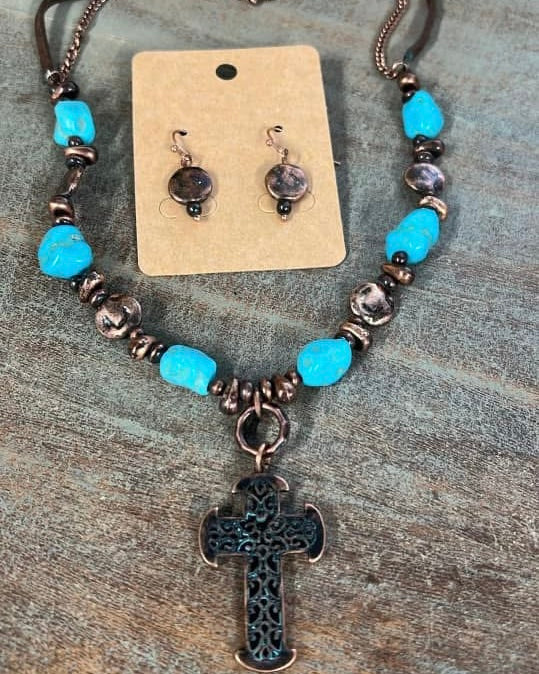 Double Strand Copper Link Chain & Leather Strap w/Faux Turquoise Stones & Small Copper Cross Pendant Necklace & Earring Set