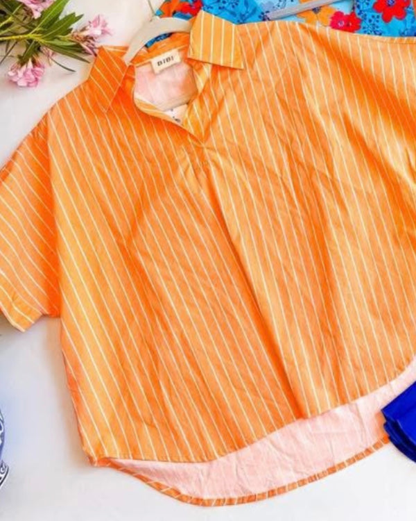 Orange & White Stripe Drop Shoulder Open Collar Neck Short Sleeve Top