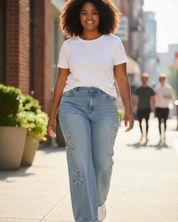 Plus Size Light Wash Flower Embossed Wide Leg Denim Jeans