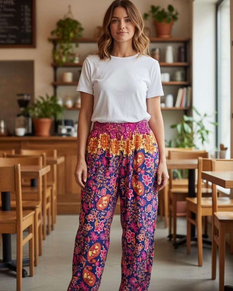 Bohemian Boho Style Black & Multicolor Floral Print Elastic Waist Wide Leg Pant