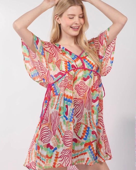 Multicolor Printed Coverup Short Sleeve VNeck Mini Dress