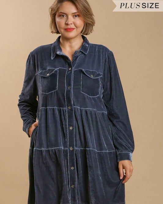 Steel Blue Velvet Collared Button Down Tiered Tunic Dress