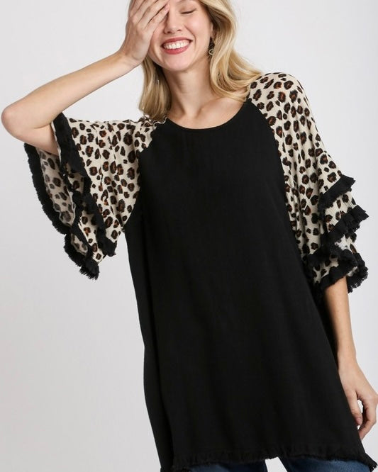 Solid Black 3/4 Double Ruffle Animal Leopard Trim Bell Sleeve Top
