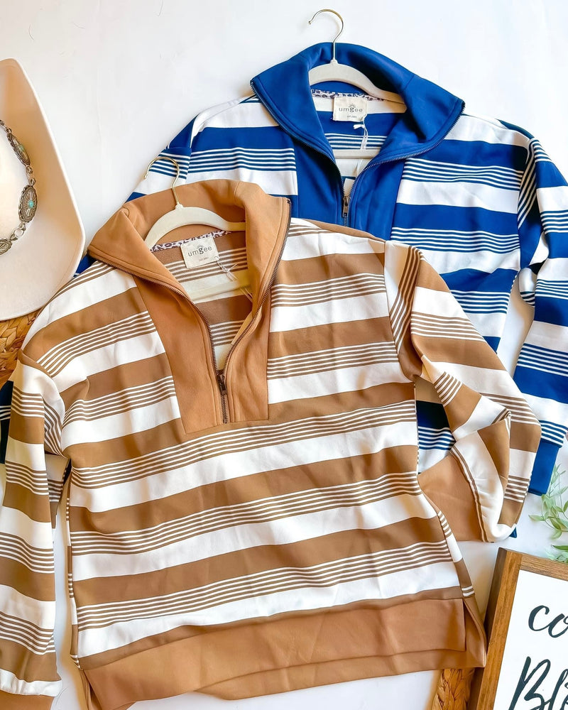 Brown & White or Blue & White Bold Stripe Pullover Zip Neck Long Sleeve Top