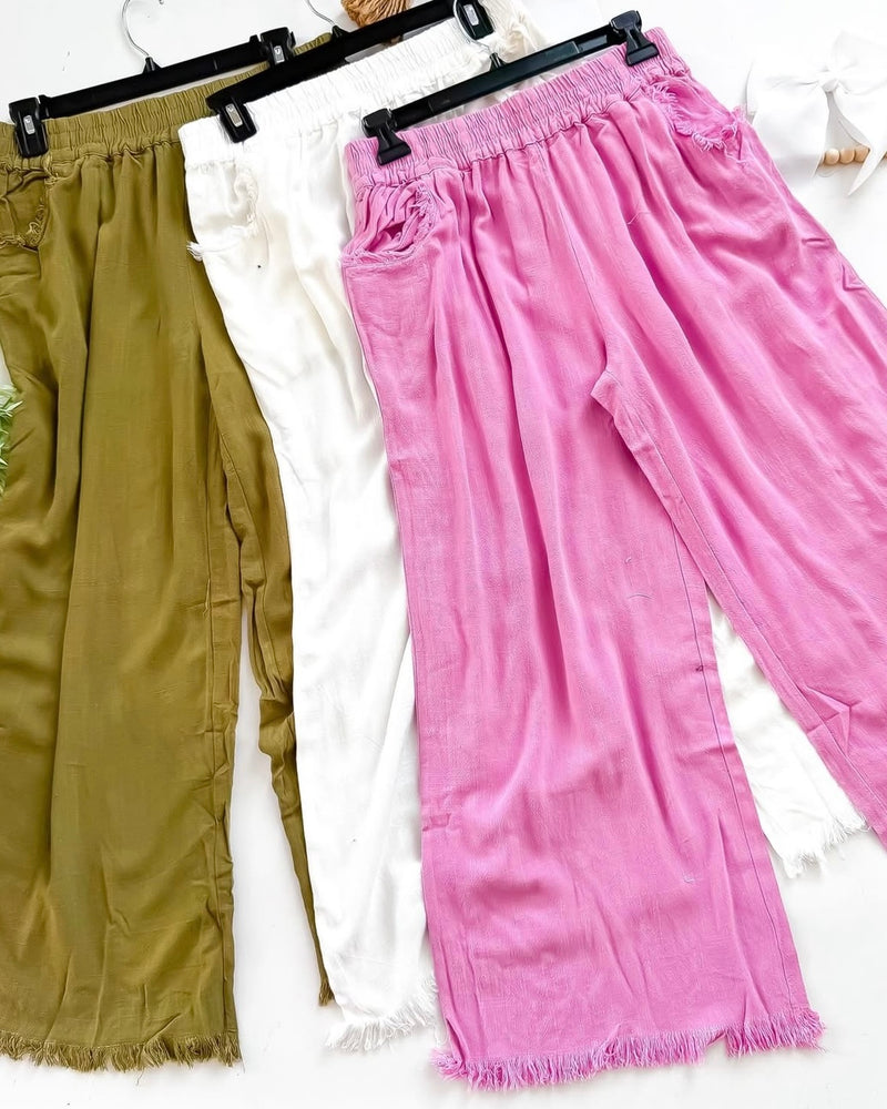 Lilac Pink, Olive Green or White Cotton & Linen Blend Frayed Edge Detail Wide Leg Pocket Pants